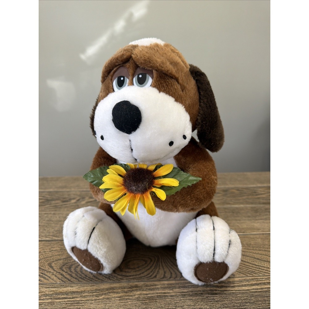 Vintage Play by Play Long Eared Puppy Dog Holding Sunflower Soft Plush Toy 1993